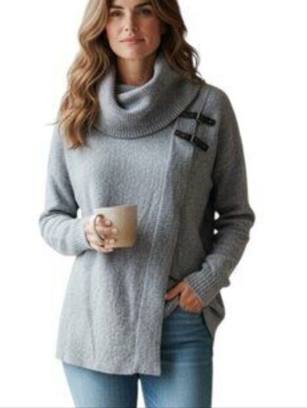 100% Wool. Ellen Tracy Gray Cowl Neck Toggle Sweater